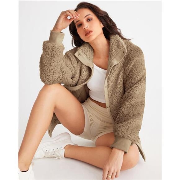 Womens Fleece Sherpa Jacket Khaki - Picture 4 of 6